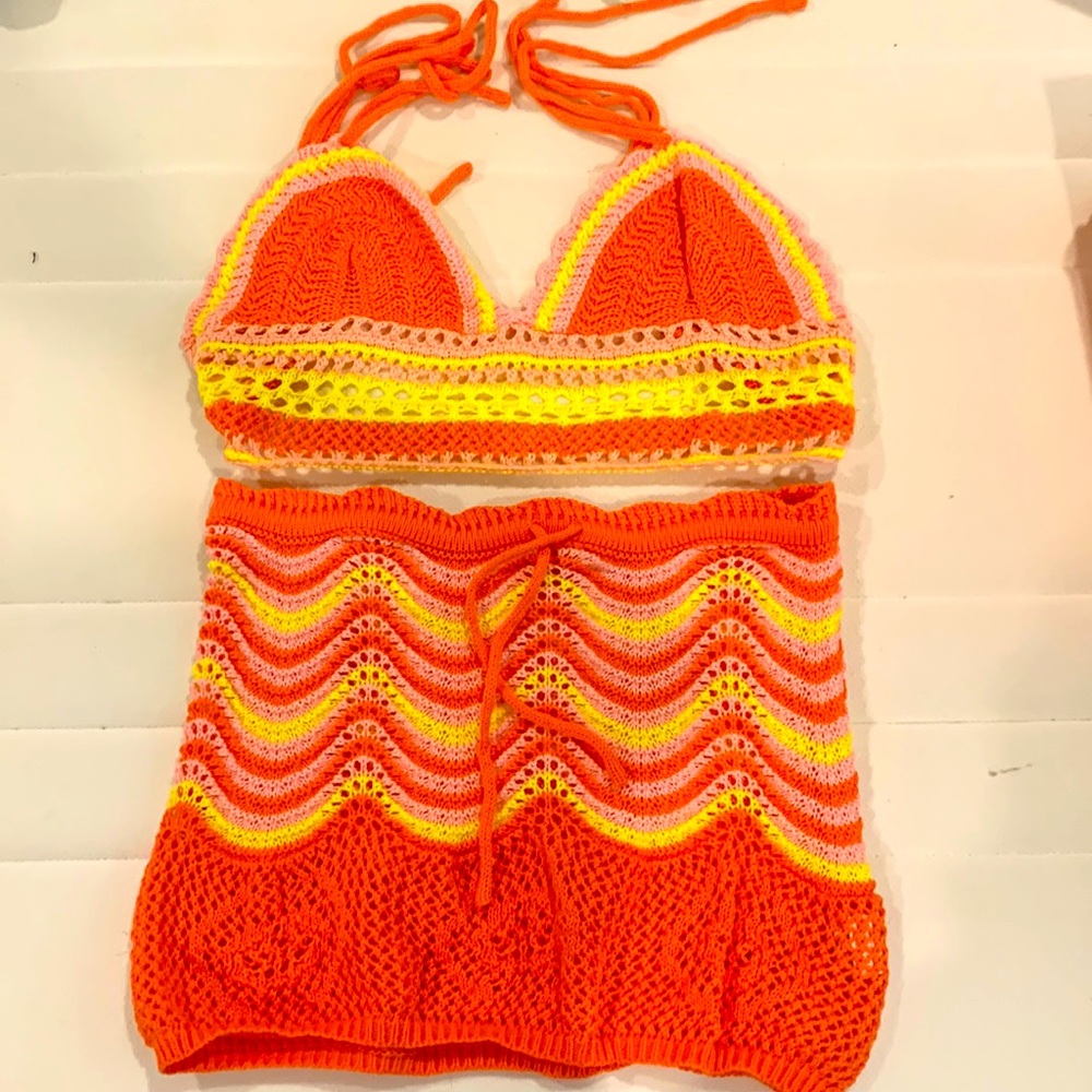 Orange crochet halter and skirt two piece